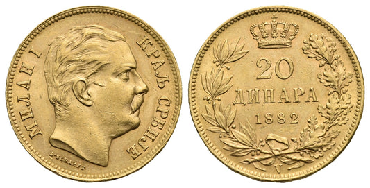 Yugoslavia. Milan I. 20 Dinara 1882