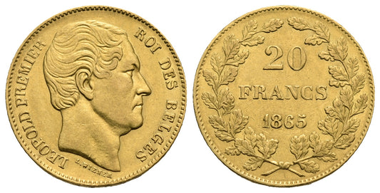 Belgium. Leopold I. 20 Francs 1865